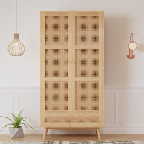 Armario con barra, armario de 2 puertas, dormitorio, red de ratán, sala de estar, con tapa inferior abatible, tableros de partículas+ratán de polietileno, natural