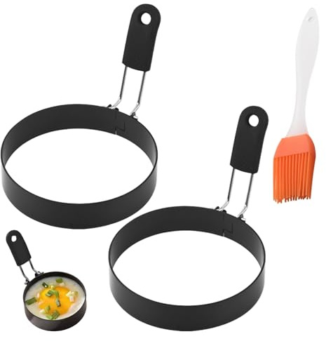 2 Pcs Silicone Egg Rings for Frying Molds Easy Fried Egg Ring Pan Circles Moulds for Fried Eggs Circle Stainless Crumpet Rings Non Stick Shaper Breakfast Household Kitchen Cooking Tool Omelette(Black)