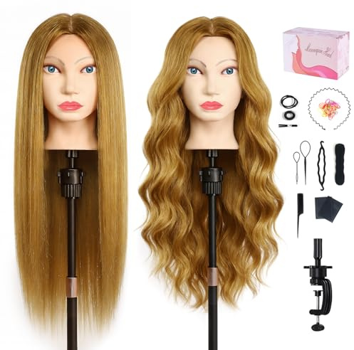 TopDirect Training Head 66cm/26 inch 80% Real Hair Cosmetology Hairdressing Mannequin Manikin Dummy Head Doll with Table Clamp Holder + Braid Set (Golden Hair+Blue Eyes)