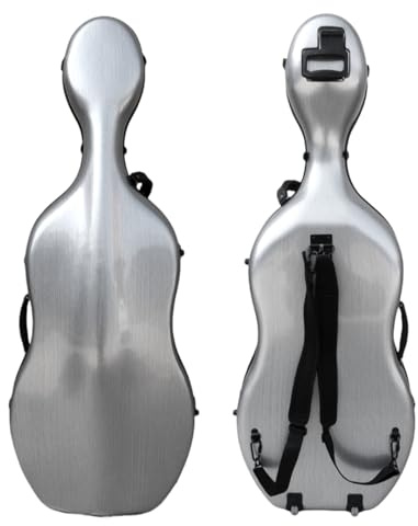 WUQIMUSC Cellokoffer 4/4 harte, gemischte Kohlefaser-Schale mit robusten Rädern und Rucksackgurten, eingebetteter Griff, Gewicht ca. 4 kg (Silber)