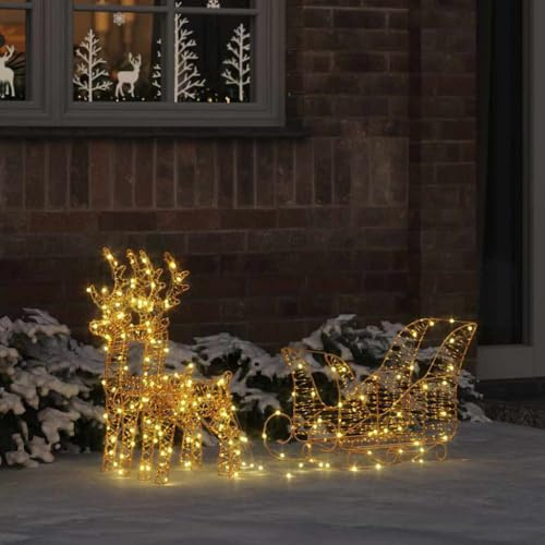 ACAGALA LED Rentier Schlitten 160 LEDs Warmes Weiß, Beleuchtete Weihnachtsfigur für Außen und Innen, 8 Lichtprogrammen, Weihnachtsdekoration für Wohnzimmer Garten Rasen, 30x12x54,5 cm,Goldene Spirale