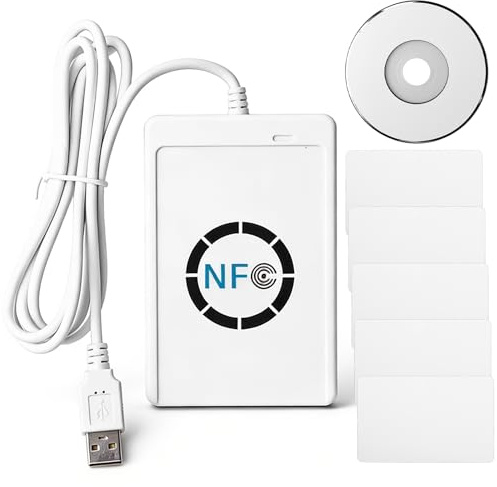 NFC Reader Writer, Kontaktloser Smartcard Leser NFC RFID Kartenleser Duplikator Desktop Reader mit 5 weiß Karte & Kabel, Smart Cards Lese Schreibgerät für Zugangskontrolle Sicherheitssysteme