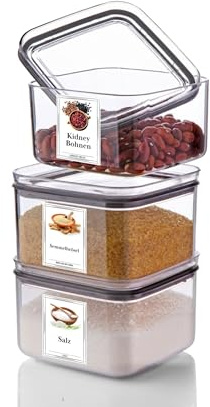 Ginza Maison 3er 0,5L Set Vorratsdosen mit Deckel Luftdicht - Frischhaltedosen mit Etiketten, BPA-Frei, Aufbewahrungsbox Küche für Müsli, Mehl, Zucker, Kunststoff, Kühlschrank & Vorratskammers
