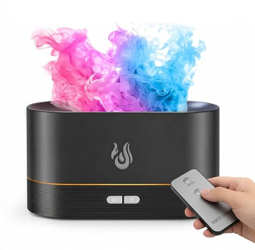 Essential Oil Diffuser with Multi-Colour Flame Effect & Remote Control, 180ml Cool Mist Humidifier, 7-Colour LED Light, Ultra-Quiet, Auto Shut-Off, Black