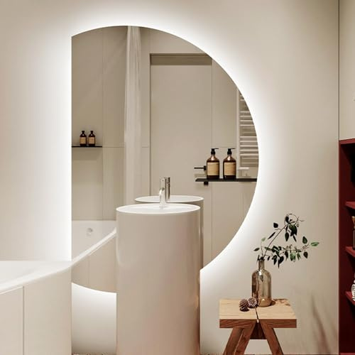 Aenmezen Specchio da Bagno Anti-nebbia a Mezzaluna da Parete, Specchio da Trucco Senza Cornice Retroilluminato, 3 Colori Dimmerabile, con Interruttore Tattile(Left cut,90 * 60cm)