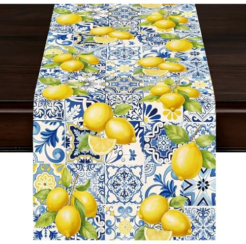Decoration Citron Deco Citron Chemin De Table 183x33 Cm Motif Citrons Jaunes Et Bleu, Nappe Runner Lavable pour Cuisine Salle À Manger Fête Jardin Été, Ambiance Méditerranéenne, 1 Pièce