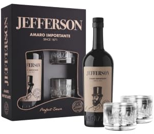 Jefferson Amaro Importante, 700 ml, Perfect serve, Confezione Regalo con 2 Bicchieri Equilibrio, Amaro Calabrese, Note Agrumate Erbacee, Ideale con Bitter e Vermouth, Botaniche Selezionate, 30% Vol.
