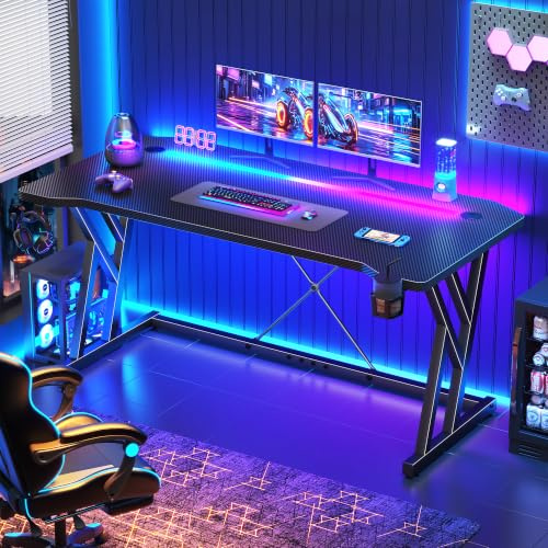 Klyvvo Escritorio Gaming LED 100 x 60 cm, Mesa de Ordenador con Banda RGB, Escritorio Gamer de Fibra de Carbono Ergonómicas, con Portavasos y Gancho para Auriculares, Negro