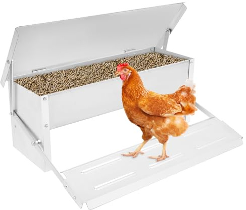 Futterautomat Hühner, 5KG Futterspender mit Deckel und Futterspender, Hühnerfutter Automat Selbstöffnender Futtertrog, Hühnerfutterautoma aus Verzinktem Stahl mit Trittpedal