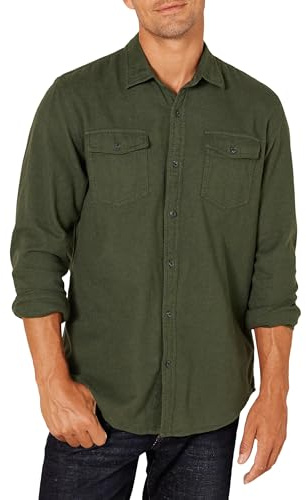 Amazon Essentials Camicia in Flanella Vestibilità Regolare a Maniche Lunghe con Due Tasche Uomo, Verde Oliva Puntinato, S