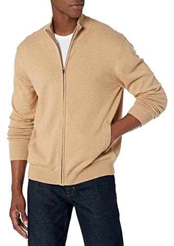 Amazon Essentials Men's Full-Zip Cotton Sweater, Camel Heather, Large
