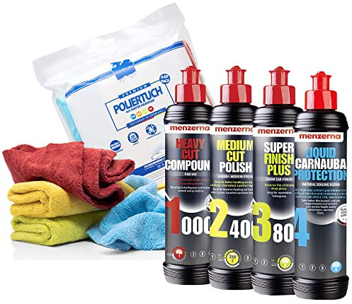 detailmate - Pulimento para automóviles Menzerna: Compuesto Super Heavy Cut HC1000 + Medium Cut 2400 + Super Finish Plus SFP3800 + Protección de Carnauba líquida - 250ml + 4X paños de Pulido