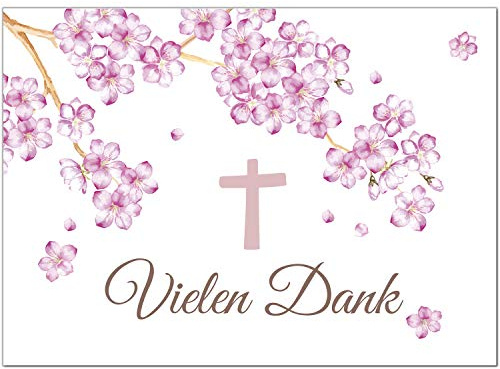 Einladungskarten Manufaktur Hamburg 10 x Dankeskarten mit Umschlag - Kirschblüte mit Kreuz - Danksagung/Bedanken/Danke sagen zur Taufe, Kommunion, Konfirmation, kirchlich