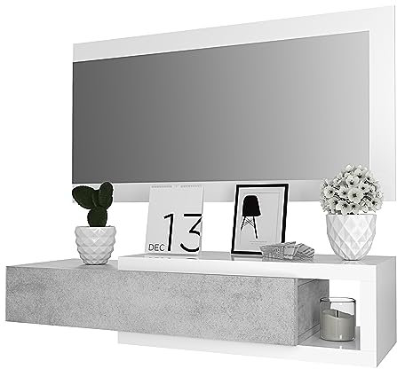 Mobile Maiorca Mobiletto Da Ingresso Sospeso Con Cassetto Mensola e Specchio Arredo Arredamento Sala 81 x 116 x 29 cm Colore Bianco Lucido e Grigio Cemento