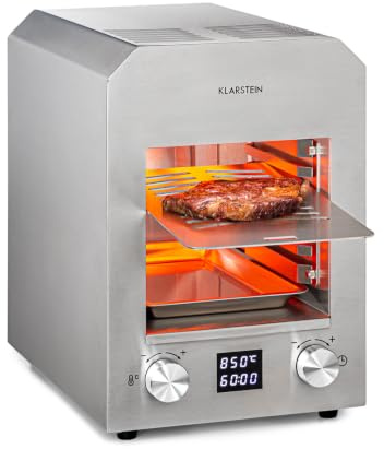 Klarstein Hannibal - High-Temperature Grill, Indoor Grill, Power: 2,200 W, Temperature: 200-850 °C, Infrared Heating Element, CharForce System, Surface: 18.5 x 30 cm, LED Display, Timer, Silver