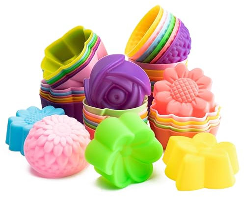 Cupcake Molds, 42Pcs Silicone Baking Cups Heat Resistant Muffin Cases Cup Liners Nonstick Rainbow Cupcake Holders Reusable Cupcake Ice Creams Puddings Moulds (2 x 0.8 Inch), 6 Shapes of Flowers