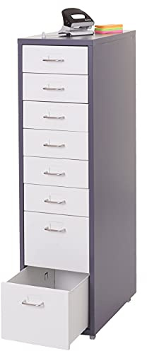 Mendler Rollcontainer Boston T851 110x28x41cm - dunkelgrau weiß | Schubladenschrank, Stahlschrank, 6 Schubladen