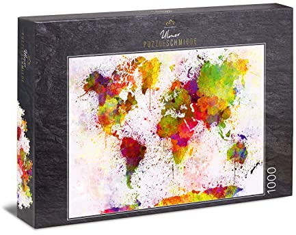 Ulmer Puzzleschmiede - Puzzle „Bunte Welt“ - Klassisches 1000 Teile Puzzle – Modernes Puzzlemotiv mit origineller Farben-Inszenierung der Weltkarte