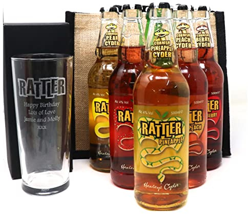 Regalo Personalised Pint Glass & Cider Gift Set - Rattlers Cyder Design | Engraved 20oz Non-Nucleated Glass & 6 x 500ml Bottles in a Jute Gift Bag | 6% ABV | 18+