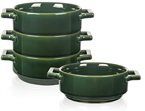 Vicrays Ceramic Soup Bowls with Handles, 24 Oz Porcelain Soup Crocks for French Onion Soup, Cereal, Beef Stew, Chill, Pasta, Pot Pies, Microwave and Oven Safe, Set of 4 (Green)