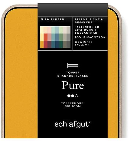 Schlafgut Pure Topper Spannbettlaken bis 160x220 cm, Yellow Deep aus 100% Bio-Baumwolle | Bettlaken, Spannbetttuch 160x200, 160x220 cm, Gelb, Topper, bis 10 cm Steg, Bio Baumwolle Elasthan, Made in Green