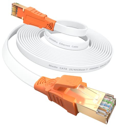 Nixsto 20 metri Cavo Ethernet, Cat8 Alta Velocità 40 Gbps 2000 MHz, Piatto Cavo di rete con Connettore Rj45 per Router, Modem, Switch, Gaming, Box TV,più Veloce di Cat 5e/Cat6/Cat7