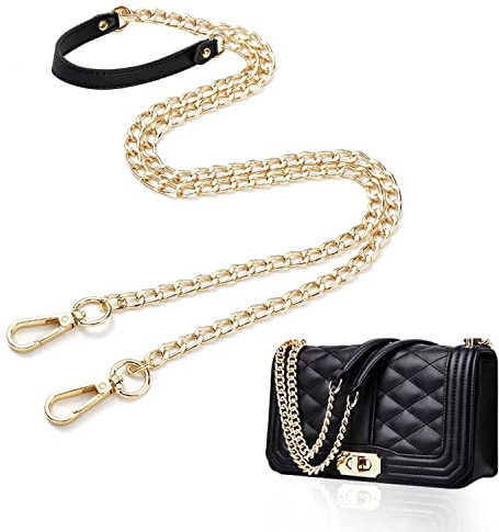 JINXAIN Correa de Cadena de Cuero 120cm PU Cadena de Metal Bañado de Cuero Correa de Cadena Reemplazo Correas de Cadena de Monedero de Cuero Negro se Aplica a Bolsos de Mujer, Monederos (Dorado)