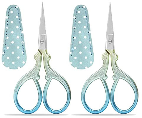 Stickschere Klein, Fadenschere Klein Handarbeitsschere Edelstahl NäHschere Stoffschere Scharf Schere Stoffschere Klein mit Pu-Schutzhülle (2 Stück)