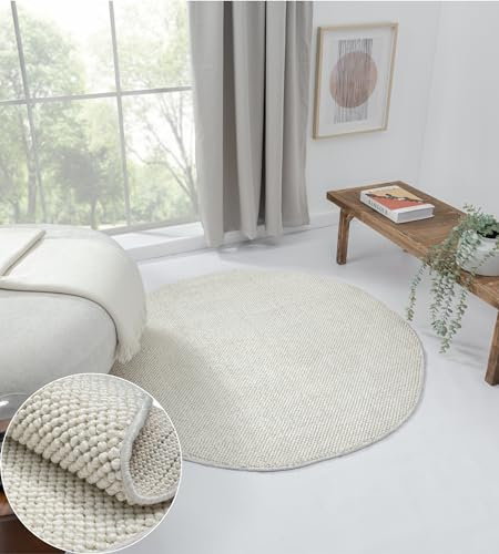 MY-RUG Teppich Rund 120cm - Boho Jute Teppich Optik - Sisal-Look Weiß | Moderner runder Teppich für Wohnzimmer und Schlafzimmer, weich, robust, pflegeleicht und ideal für Saugroboter geeignet.