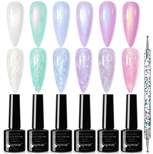 SUPWEE Pearl Gel Nagellack 6 Farben Pearl Shimmer UV Gel Nagellack Set Schimmer Meerjungfrau Effect Glitzer Glänzende Nail-Art-Maniküre