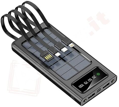Power Bank Solare 15000 mAh 4 Uscite, Batteria ricarica al sole smartphone e tablet, Caricabatteria con Cavi USB, TYPE-C, Micro Usb, Power bank adatto a emergenza (PD15200)