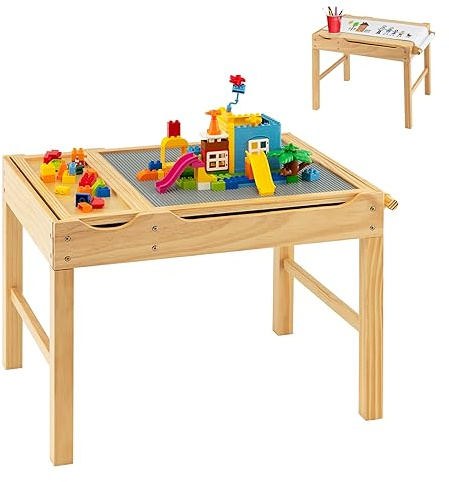 COSTWAY 2 i 1 barnbord med vändbar bordsskiva, lekbord av furu med förvaringsutrymme, sidostång och pappersrulle, aktivitetsbord, legotiskt för barn från 3 år (natur)