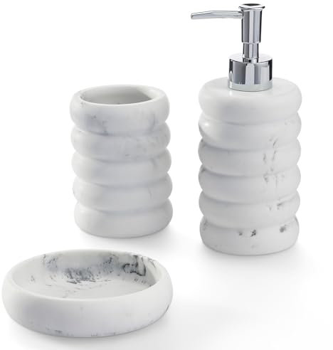 Navaris Badezimmer Set - Seifenspender, Zahnputzbecher und Accessoires - 3-teiliges Zubehör - Weißer Marmor - Wellenförmig