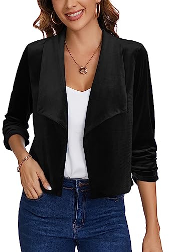 MINTLIMIT Womens Casual Velvet Blazer Open Front 3/4 Sleeve Shawl Collar Lightweight Work Office Jackets Blazers (Black - Size L)
