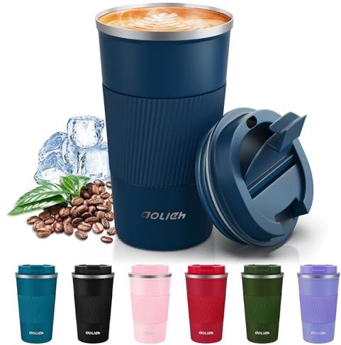 Aolieh Travel Mug 510 ml, Insulated Coffee Cup with Lid, Reusable Stainless Steel Thermal Cup for Coffee, Tea & Cold Drinks, Leak-Resistant Double-Walled Travel Mug, Navy Blue