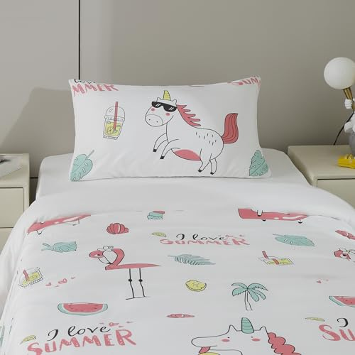 BOD HOME Juego de Sábanas Infantiles 3 Piezas, Sábana Bajera 100x200x25cm, Sábana Encimera 160x260cm, Funda Almohada 45x75cm, 100% Poliester, Diseños Divertidos, Blanca Unicornios, Fundas Ajustables