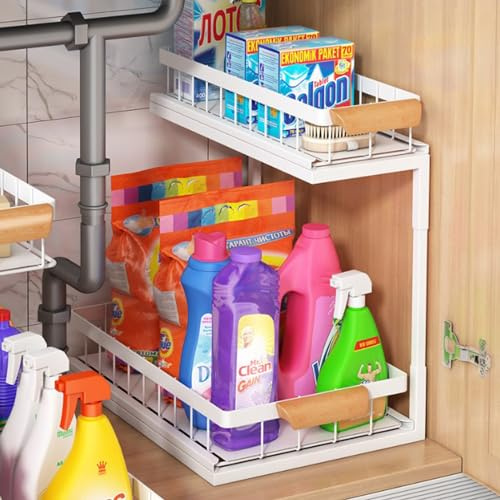 Unter Waschbecken Regal, 2 Etagen Küche Schrank Spülschrank Organizer mit 2 Schiebeschublade, Kohlenstoffstahl Gewürzregal Küchenregal, Unterschrankregal für Küchen Bad Schrank Aufbewahrung (Weiß)