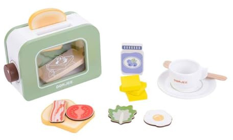 Dorjee- D3.005- Grille-Pain toasteur en Bois -Minuterie Sonnerie mécanique - Imitation electromenager - Jouets en Bois + 3 Ans - Cuisine - 13 pièces incluses
