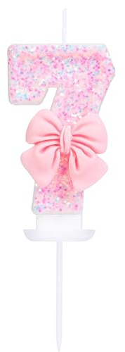 EAKE Geburtstagskerze mit der Zahl 7, rosa Glitzer mit 3D-Schleife, 7 Kerze, Geburtstag, Mädchen, Frauen, Pastell, süßes Thema, 7. Geburtstag, Hochzeit, Jahrestag, Party, Kuchendekoration