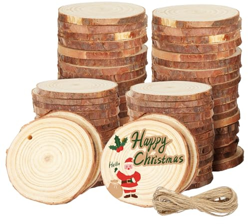VIDETOL 60 Stück Holzscheiben, 7-8 cm Baumscheiben Rund mit Einem Bündel Hanfseil, Unvollendete Holzscheibe mit Loch für DIY, Hochzeit, Handwerk, Weihnachten Dekoration
