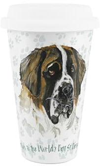 Purely Home World's Best St Bernard Dog Ceramic Travel Mug - Novelty Gifts for Dog Mums - Reusable Silicone Lid Double-Walled Insulated Hot/Cold Drinks Tea Coffee Cup