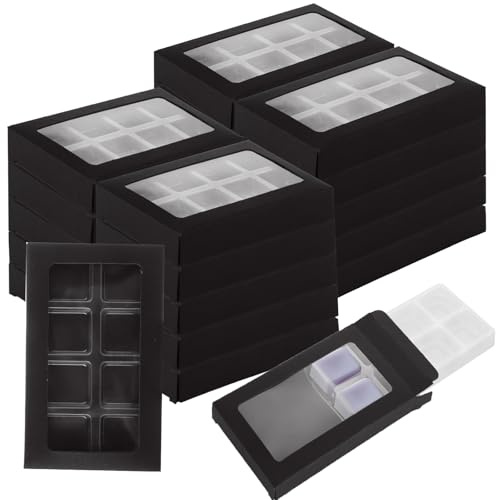 WOPPLXY 60 Pcs Box for Wax Melt, Crystal Clear Plastic Mold with Box, Wax Melt Cubes, Tarts, Blocks (8 Cavity, Black)