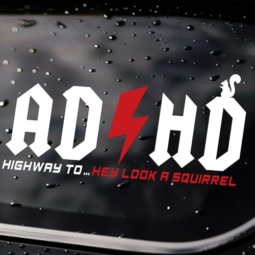 Aolamegs 2 Pcs ADHD Stickers - AD/HD Highway to Hey Look A Squirrel, 8 x 4 Funny Vinyl Truck Decals for Windows, Cars, Trucks, Laptops, Water Bottles