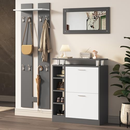 Set di appendini da parete, 80x25x96,5 cm, con specchio e scarpiera, 2 pannelli da parete e una mensola, corpo grigio antracite opaco, mobili da corridoio, appendiabiti