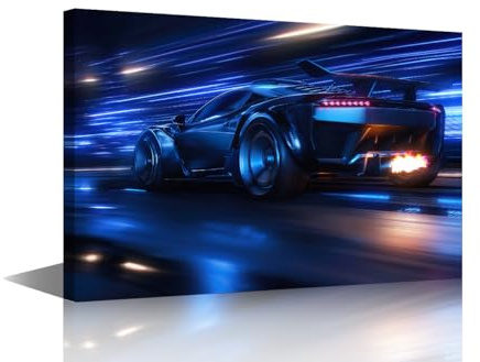 1 Panels Large Wall Art Speeding Sports Car On Neon Highway Pictures Print On Canvas for Living Room Bedroom Wall Decoration, Wooden Framed Gallery-Wrapped Ready to Hang, 36 Wx24 H