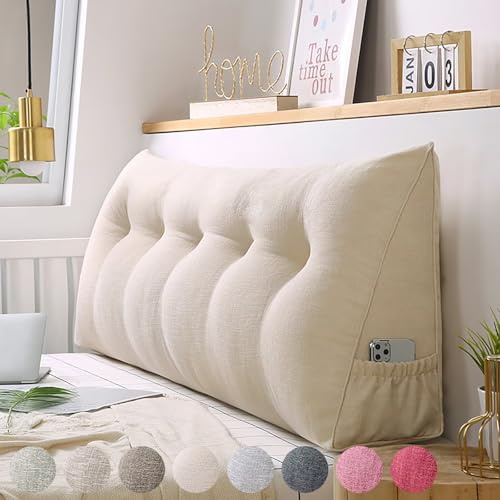 Rückenkissen Bett 80cm Beige, Groß Bettkissen Rückenlehne, Dreieckige Keilkissen Bett Kopfteil Kissen, Baumwolle Leinen Rückenstützkissen Keil Lendenkissen, Waschbar Rückenpolster für die Wand