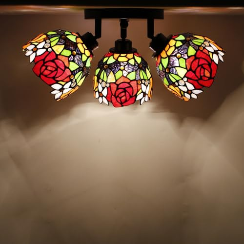 ANYONGLU Tiffany Ceiling Light Fixtures(3-Light Adjustable Metal Base) Stained Glass Semi Flush Mount Ceiling Lamp for Bedroom, Dining, Living Room, Entryway, Foyer (Red Yellow Rose)