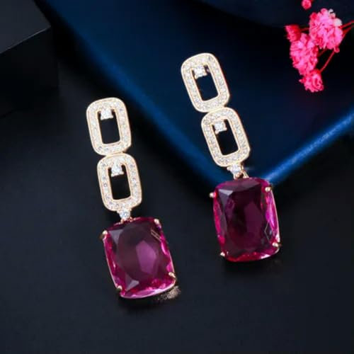 Elegante Pendiente Colgante geométrico Cuadrado con circonita cúbica Fucsia, joyería de Plata 925