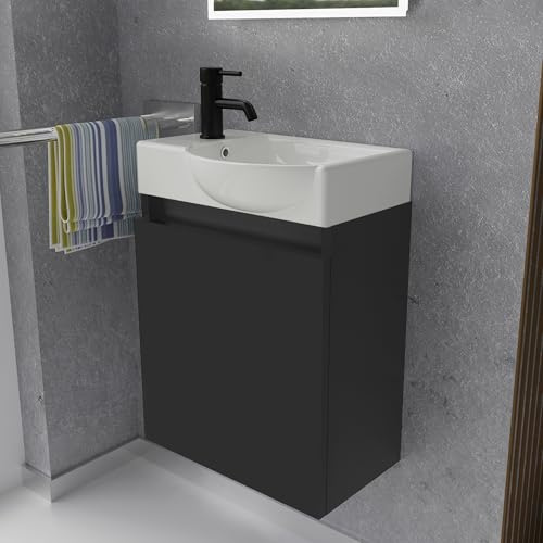 Alpenberger Waschbecken mit Unterschrank Gäste WC 45 cm hängend Schwarz | Kleiner Waschtisch mit Unterschrank: Keramik & MDF, wandhängend, Softclose Tür, mit Überlauf, für kleine Bäder, Rechts Becken