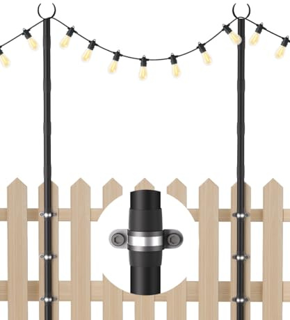 Tigerden 10Ft String Light Poles for Fence & Deck Railing, Outdoor Light Stand with Fence Brackets, Heavy-Duty Metal Poles for Backyard, Garden & Patio Party Lighting, Rustproof & Adjustable